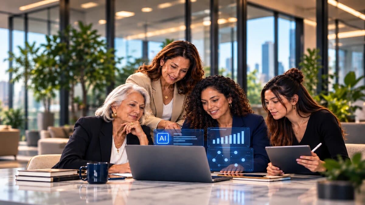 Mujeres de distintas generaciones revisan juntas información de inteligencia artificial en una laptop