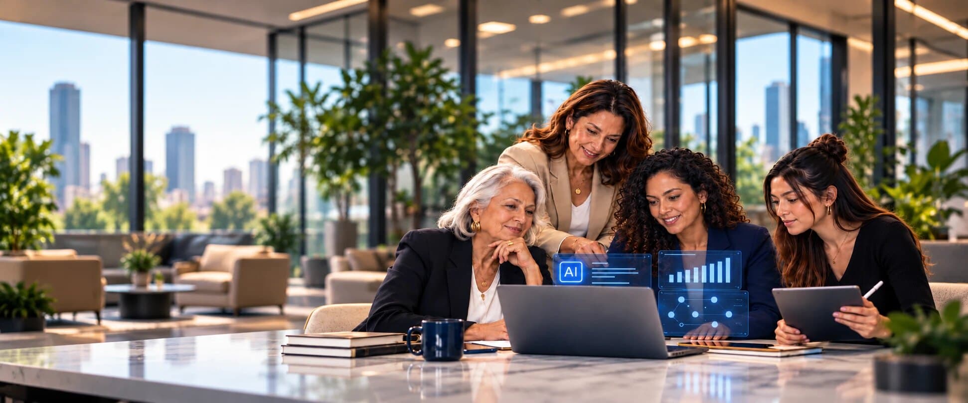 Mujeres de distintas generaciones revisan juntas información de inteligencia artificial en una laptop