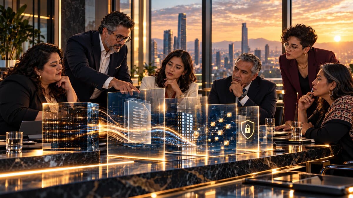Equipo directivo en una sala de juntas revisa información y herramientas de inteligencia artificial al atardecer