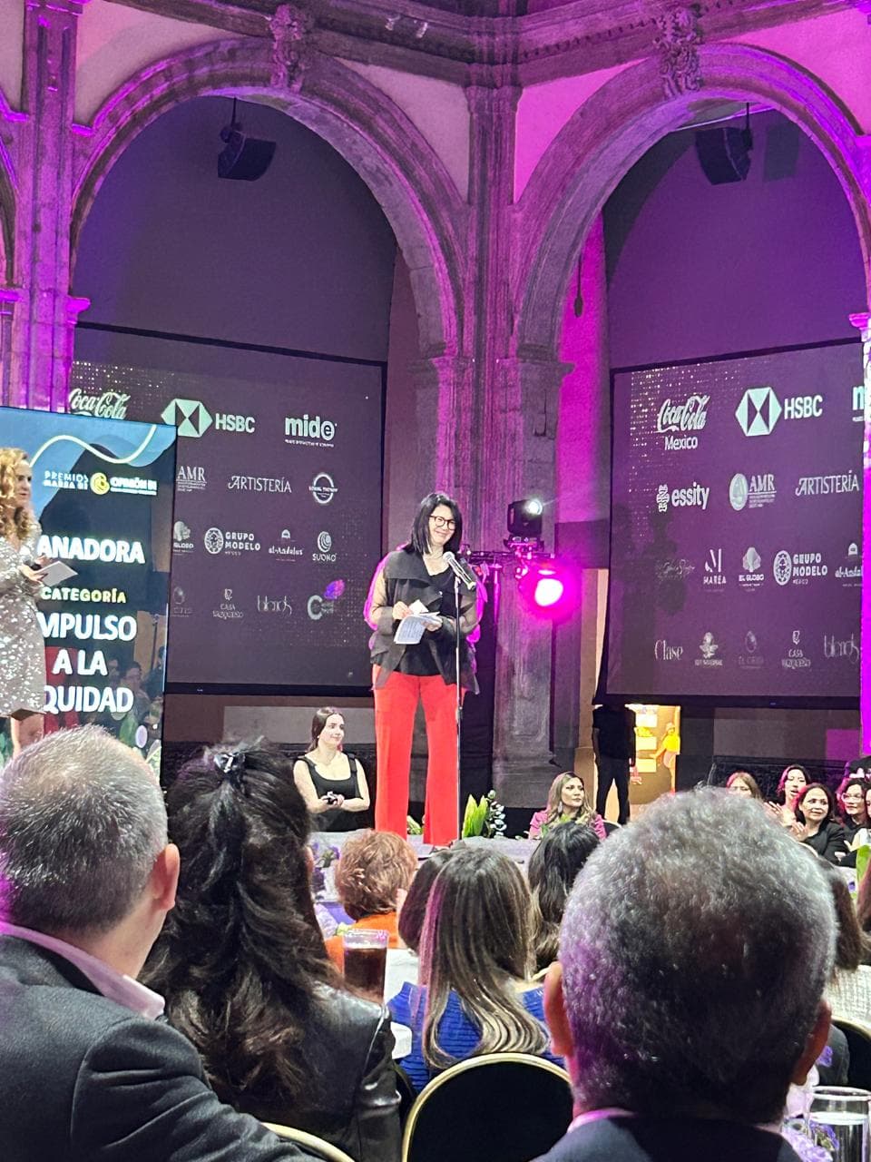 Elsa Vizcarra hablando en el escenario de los Premios MAREA 51 frente al público